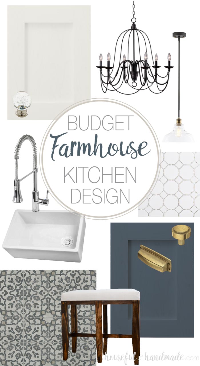 Turn an outdated kitchen into a modern farmhouse kitchen with this budget farmhouse kitchen design. White and navy cabinets will be the center of this classic kitchen design. Housefulofhandmade.com