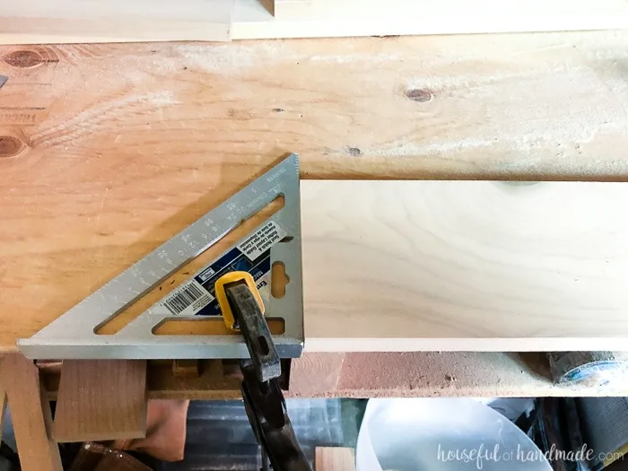 Use a speed square and clamp to make repeat cuts of the same size. Super easy and inexpensive way to upgrade your woodworking skills. Housefulofhandmade.com
