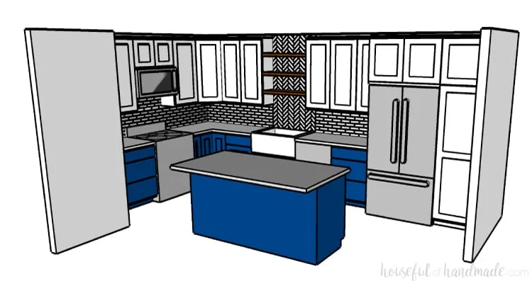 A SketchUp rendering of the budget farmhouse kitchen. White upper cabinets and navy lower cabinets. Open shelving over the sink. Housefulofhandmade.com