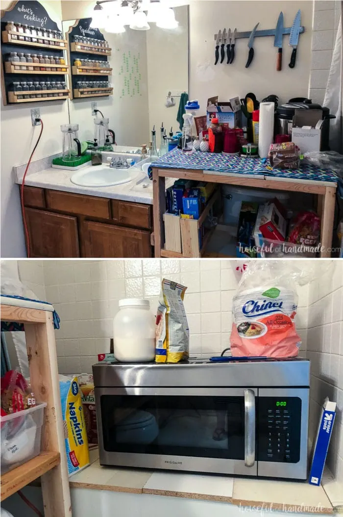 A temporary kitchen is set up to help survive a kitchen remodel. Use an extra bathroom and create more counter space and storage space with shelves made from scrap wood. Housefulofhandmade.com