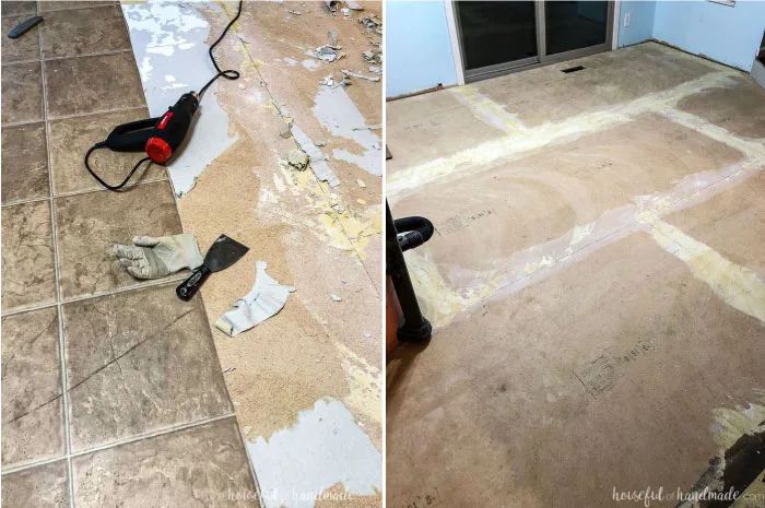 Remove the old linoleum with a scraper and a heat gun. This gives the new flooring a clean slate. Housefulofhandmade.com