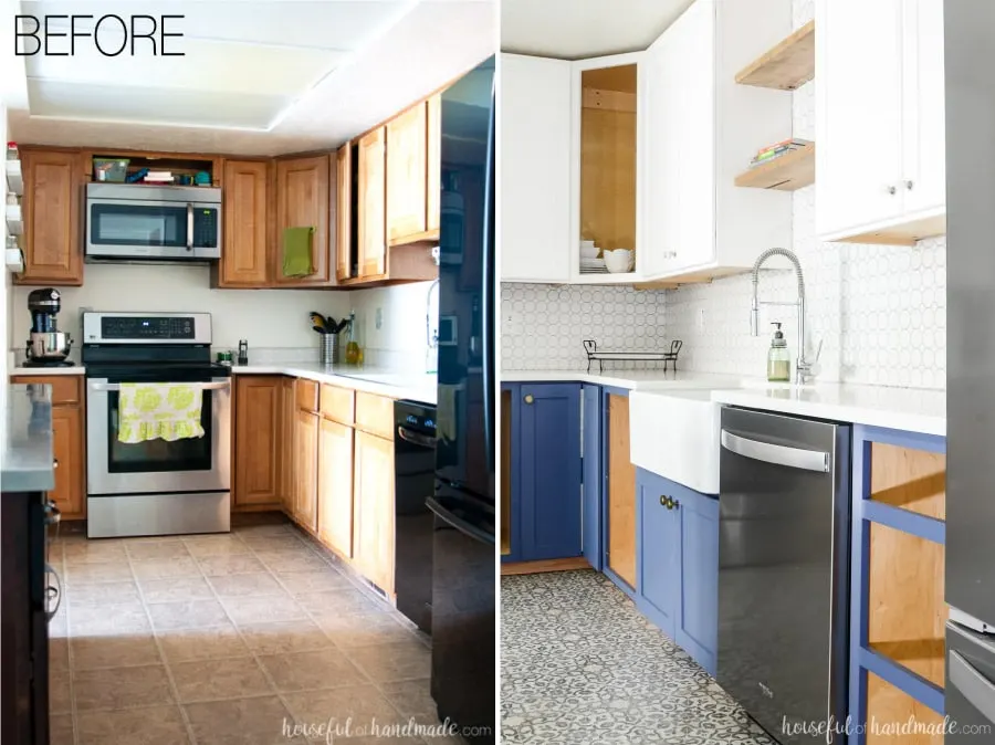 Turn your outdated kitchen into a dream kitchen. The new navy and white kitchen cabinets are gorgeous with the patterned vinyl floor and farmhouse sink. Housefulofhandmade.com