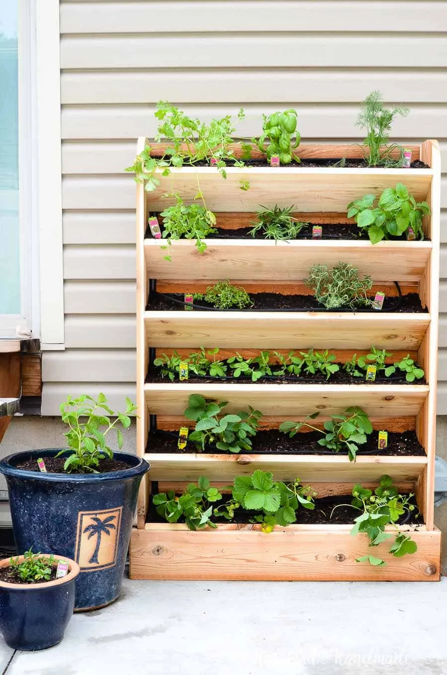 Plant all your favorite herbs without taking up all your space with this easy DIY vertical garden. Made out of cedar and featuring a built in drip system, it is perfect for small spaces. Housefulofhandmade.com
