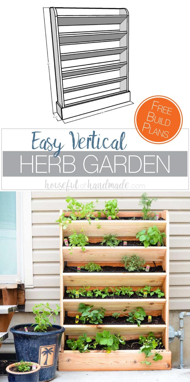 Create a DIY vertical garden for the perfect small space garden solution. This cedar herb garden has a lot of space to grow your favorite herbs and plants. Includes a tutorial for a built in drip watering system will help make watering your vertical garden even easier. Get the free build plans at Housefulofhandmade.com.