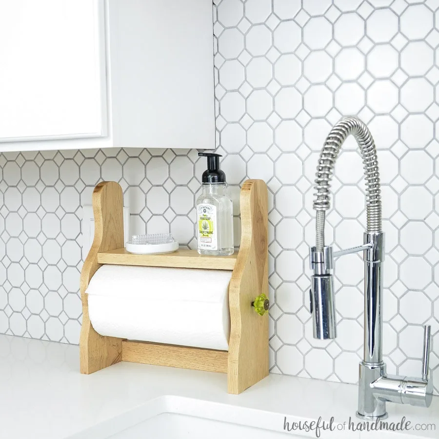 side view of diy farmhouse paper towel holder next to sink