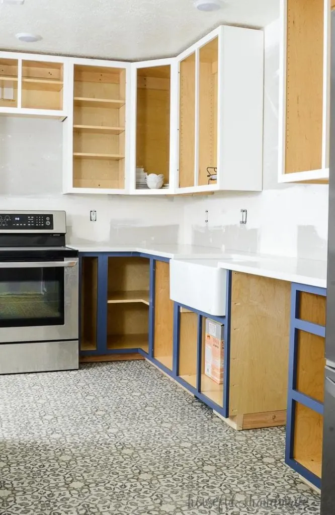 Kitchen remodel with DIY kitchen cabinets installed.
