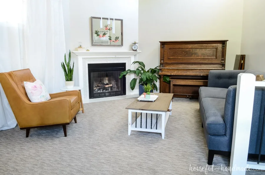 Decorate a small space with this original, modern tan armchair. Our living room is refreshed and ready for spring. Housefulofhandmade.com