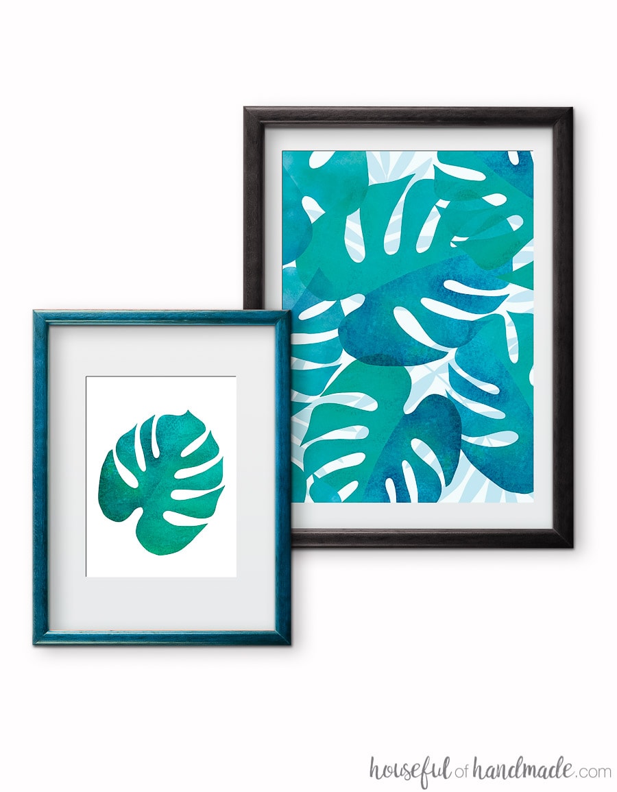 I love the turquoise color of these tropical leaf prints. Get the free printable palm leaf art today at Housefulofhandmade.com.