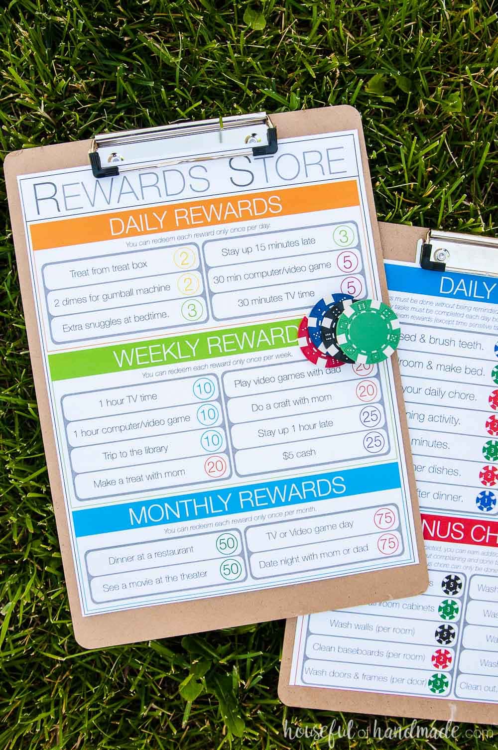 kids chore chart set of two on clip boards with poker chips for rewards
