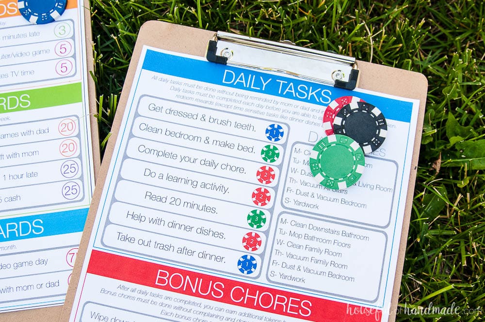Kids chore system with clip board