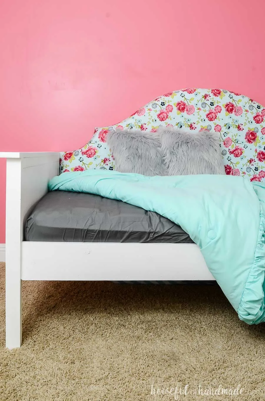 Day beds are the perfect bed for a small room or spare room. You can easily make them into seating during the day, they sit against a wall to take up less space, but you can quickly climb into bed to sleep. Plenty of room for storage or a trundle underneath. Get the free build plans at Housefulofhandmade.com.