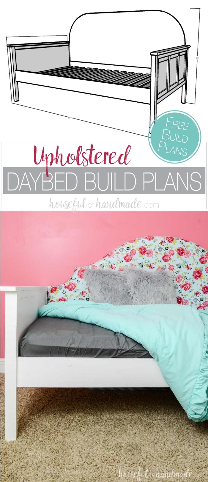 Create a statement in the bedroom with this beautiful upholstered day bed. This twin sized bed has room under it for storage or a trundle. And the fabric covered headboard makes the perfect focal point. Get the free build plans from Housefulofhandmade.com.