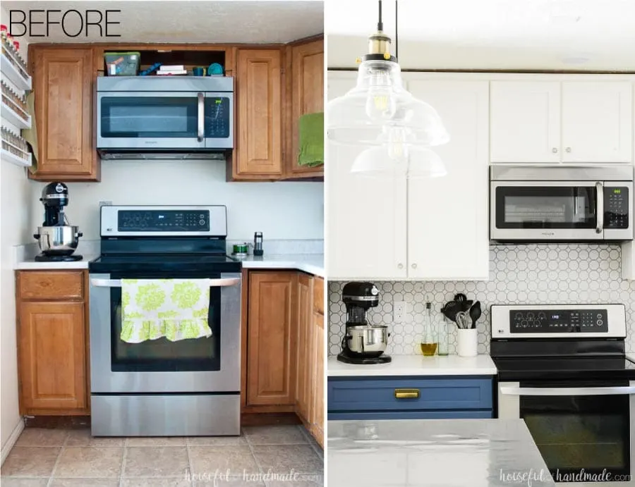 Before and after of the farmhouse two tone kitchen remodel showing how we added 24" of counterspace next to the stove.