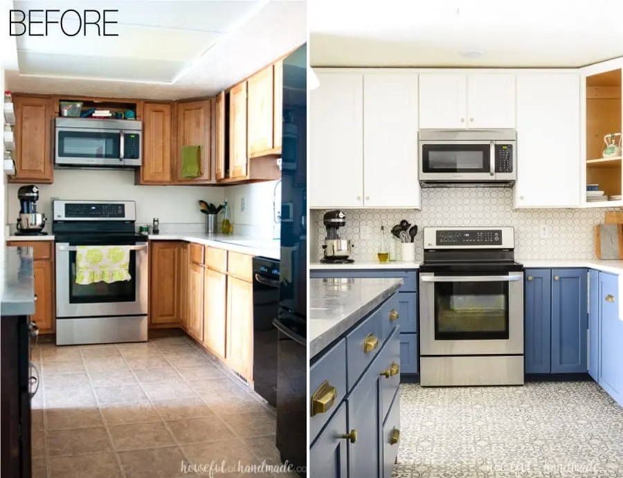 Before and after photos of a white and blue two tone kitchen remodel. Blue base cabinets with brass pulls and white upper cabinets with patterned tile floor.