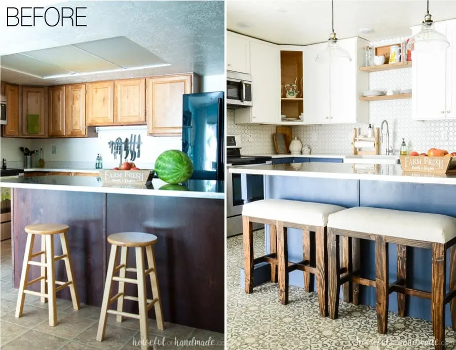 Before and after of the blue & white two tone kitchen remodel. Navy kitchen island with bar stool benches and white upper cabinets with white backsplash. 