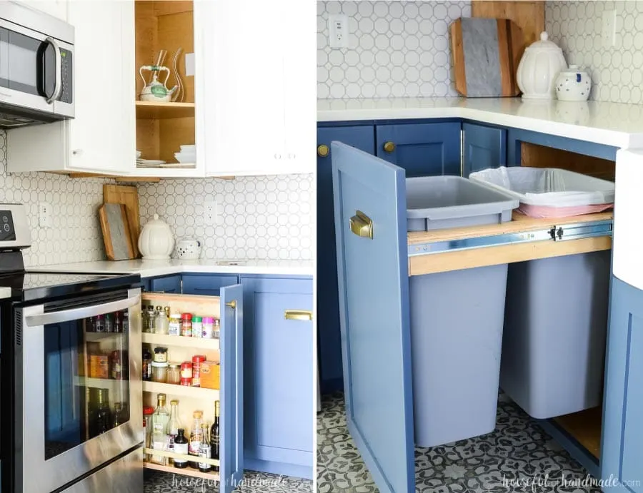 Close-up of two specialty base cabinets in our two tone kitchen. Pull out trash cabinet next to the sink and pull out spice drawer next to the stove.