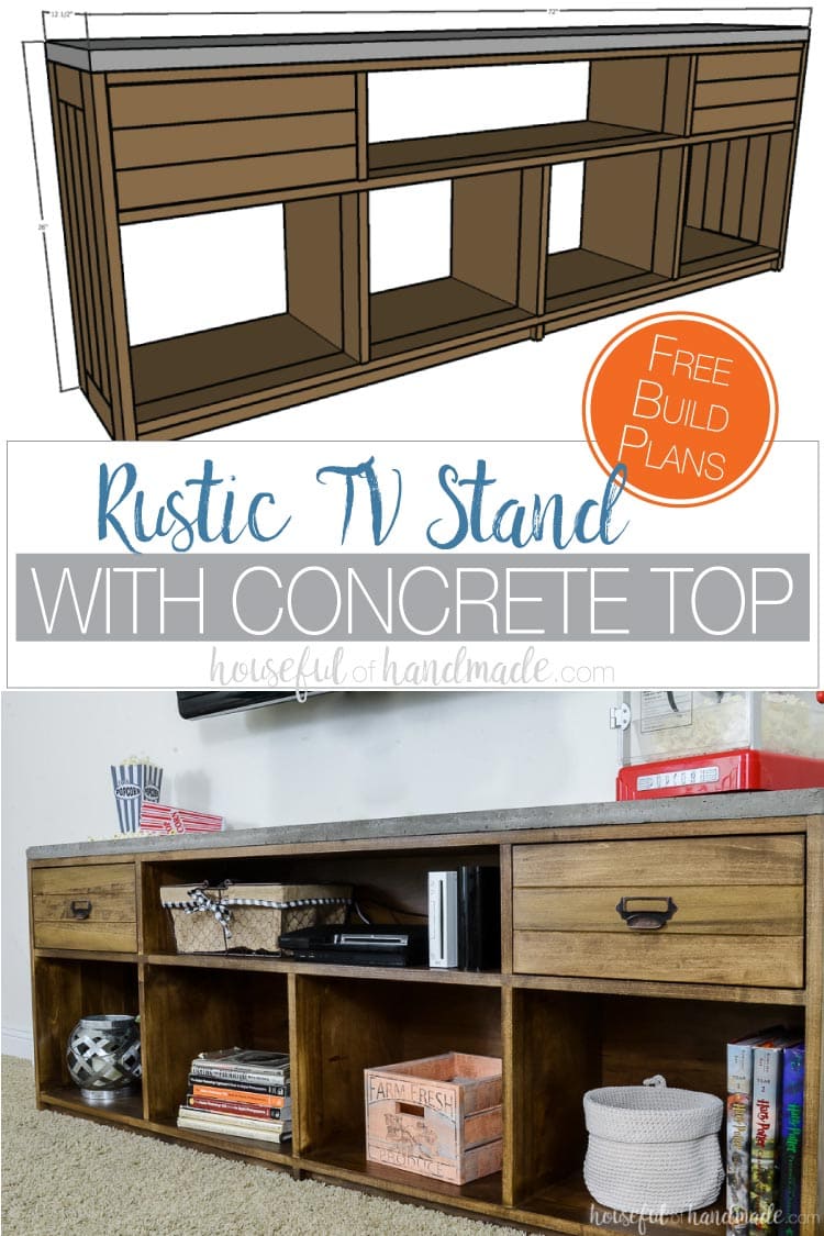 Build a rustic TV stand with concrete top with these free build plans. The large 6' TV console is the perfect balance to any television with plenty of room for all your components and decor. Housefulofhandmade.com #buildplans #woodworking #diyfurniture