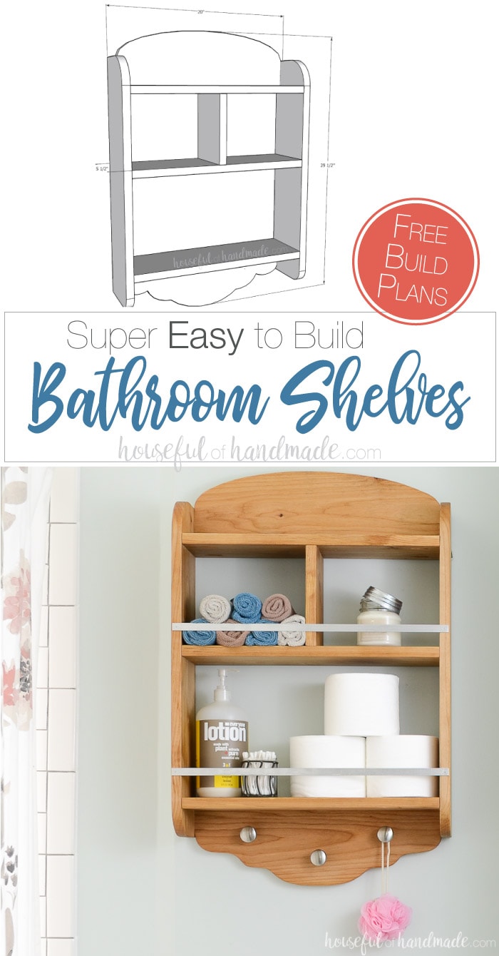 Add storage to a small bathroom with these easy to build bathroom storage shelves. Farmhouse charm and metal details make this over toilet shelf perfect for the bathroom or any room in the house. Housefulofhandmade.com | #bathroomstorage #farmhouseshelf #bathroomshelf #buildplans #woodworking