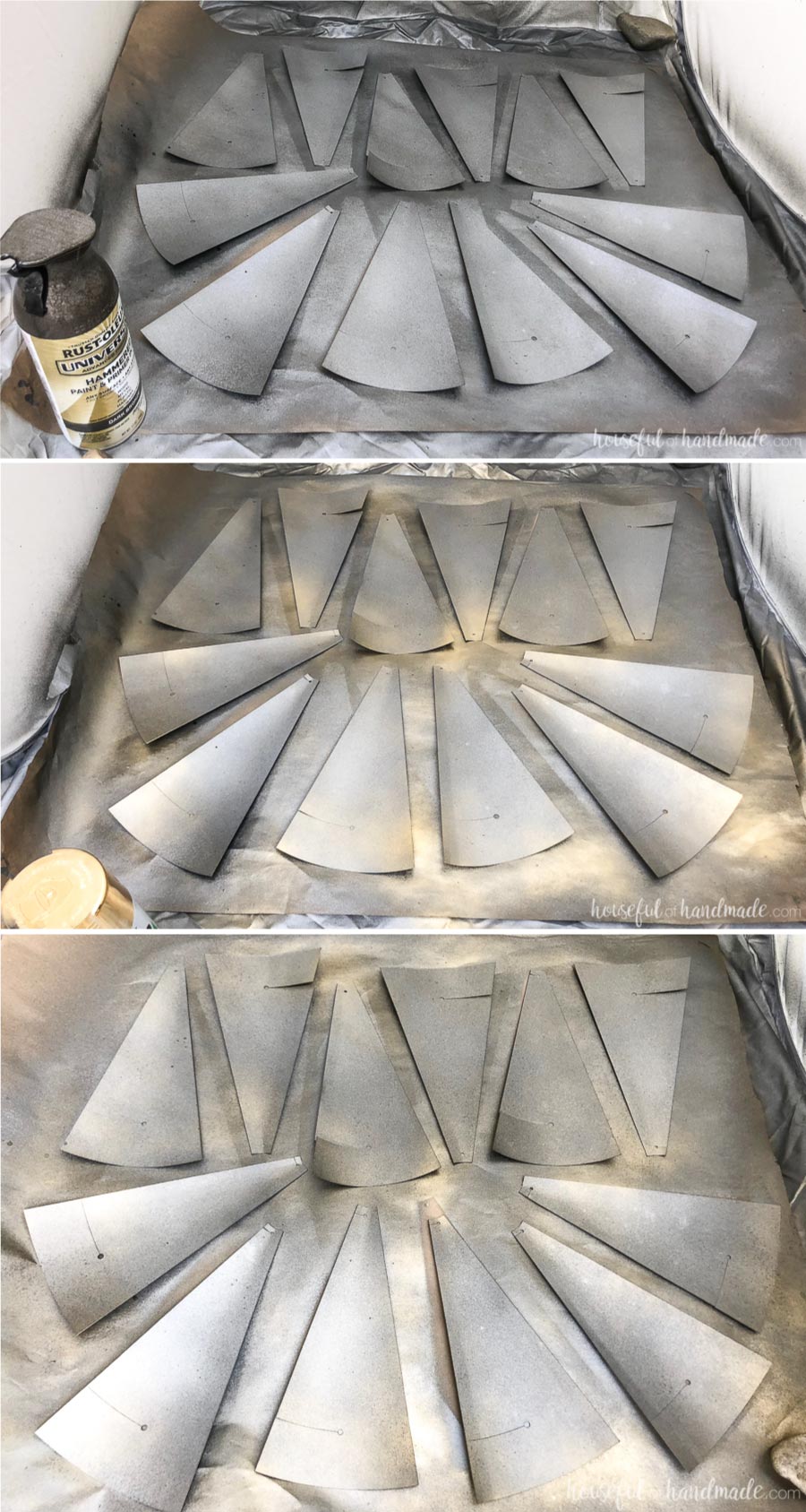 Showing the different layers of spray paint on the windmill blades to create a rustic decorative windmill.
