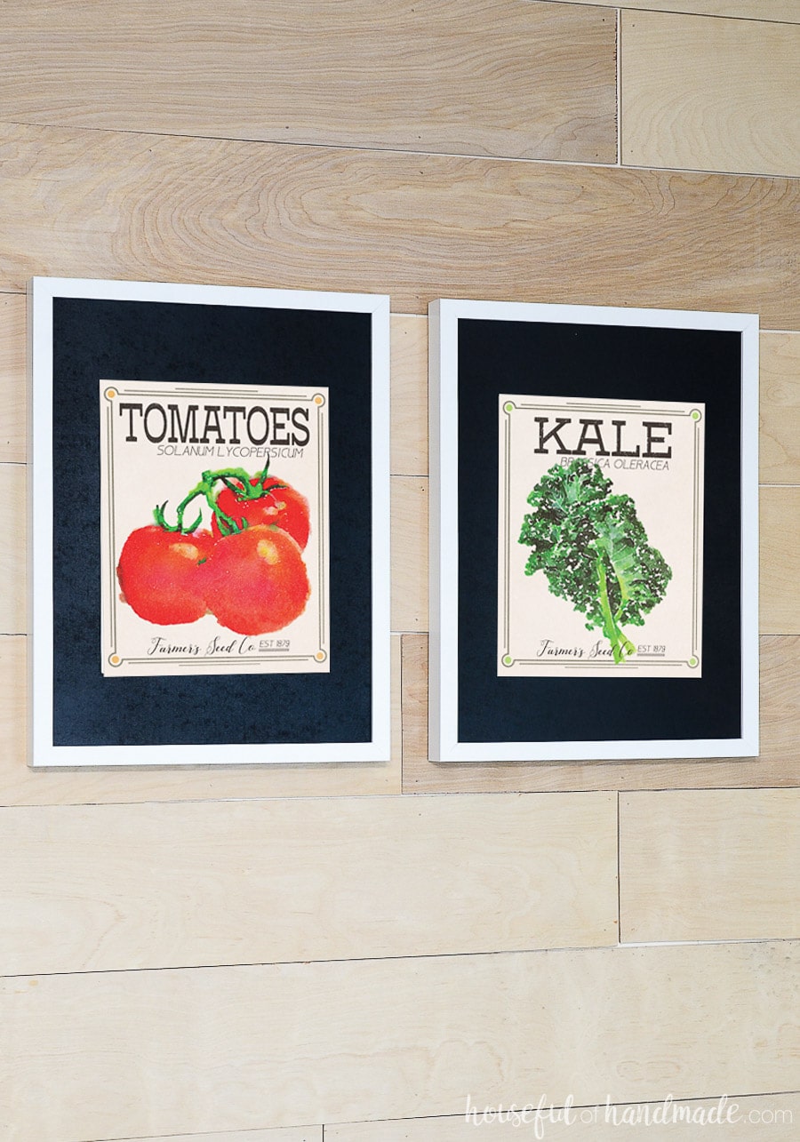 Tomato and kale seed packets turned into printable art for the home. 