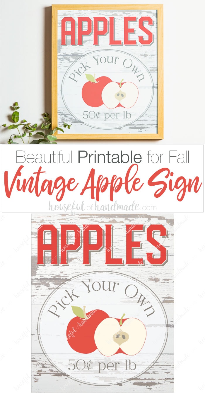 Decorate your home for fall with lots of beautiful fall printables! This farmhouse apple picking sign is perfect, plus tons more free printables to get your home ready for fall. Housefulofhandmade.com | #printable #fall #falldecor #homedecor #apple #applepicking #sign