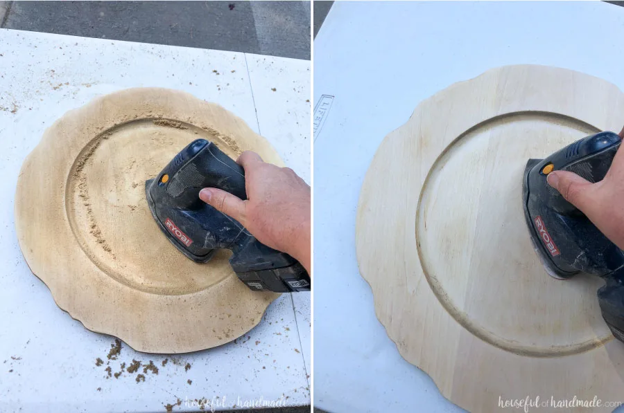 To really get the old finish off the upcycled wood sign to a tray, I followed up with a good sanding.