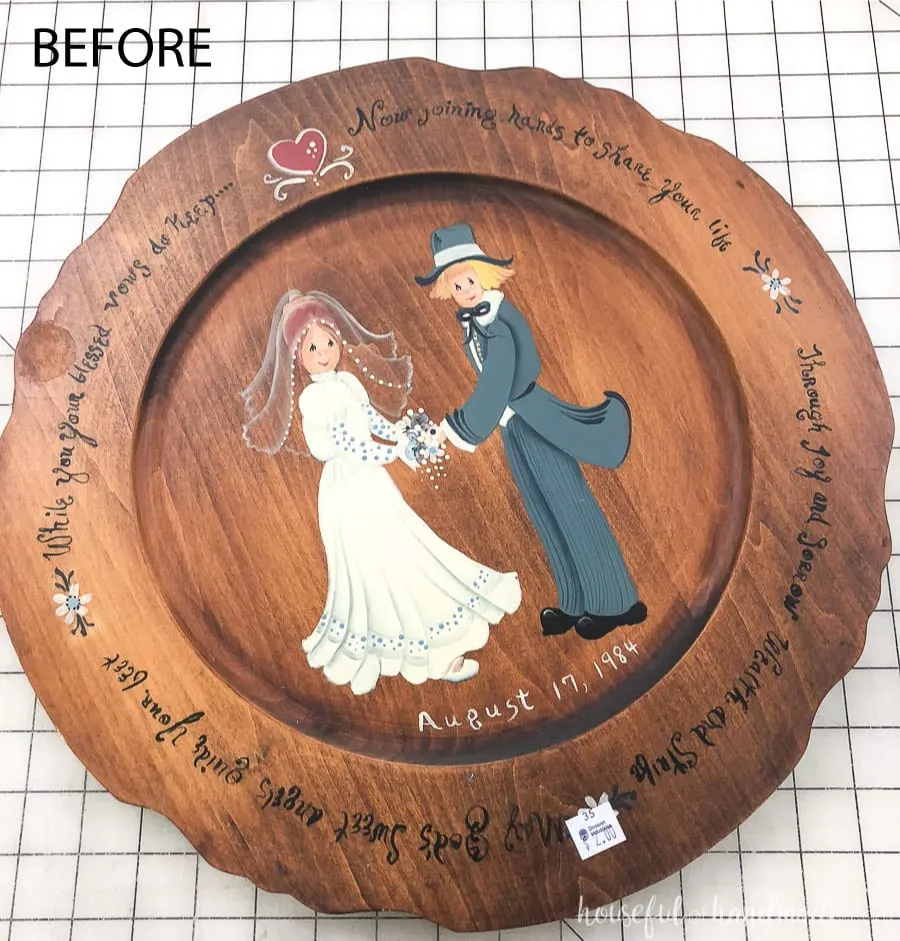 Before of the thrift store art that gets transformed with this upcycled wood sign to tray tutorial.