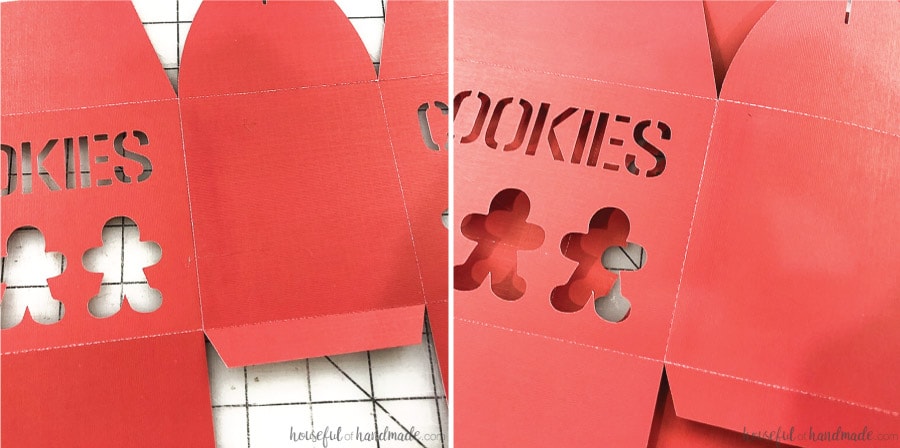 Up close pictures of glueing the side flaps for the DIY cookie packaging.