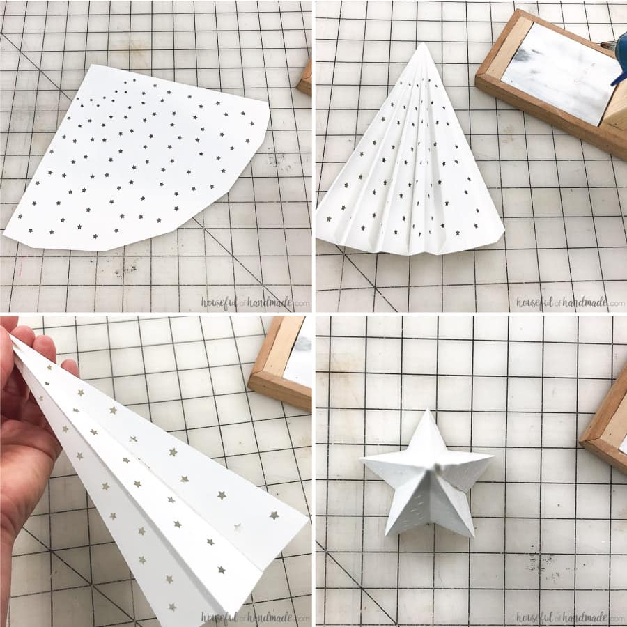 Folding instructions for the star shaped paper Christmas tree.