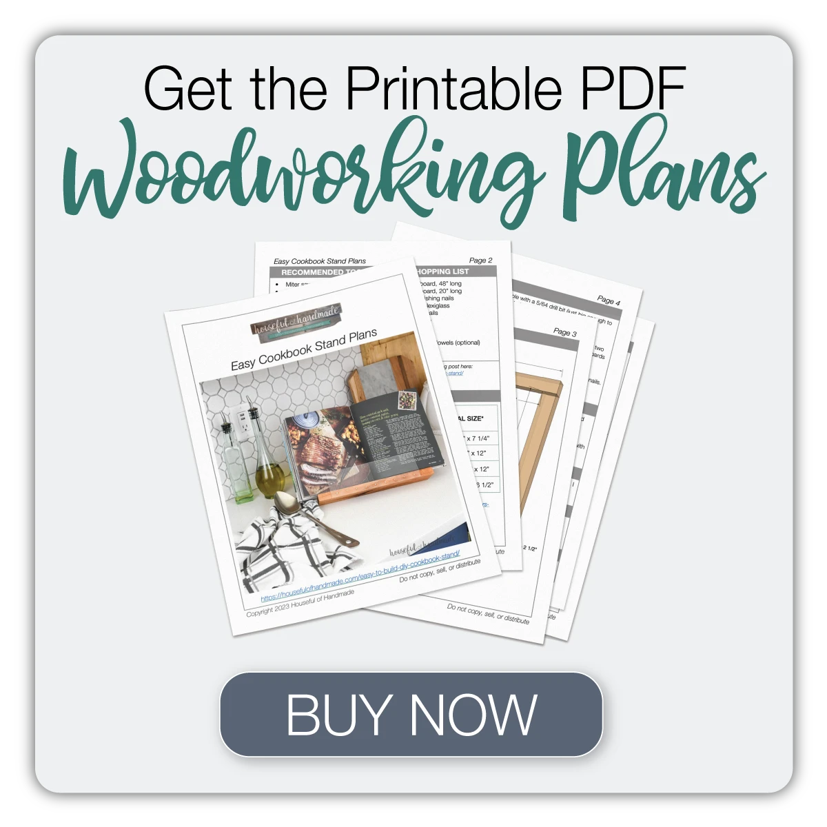 Button to buy the printable PDF plans for the cookbook stand. 