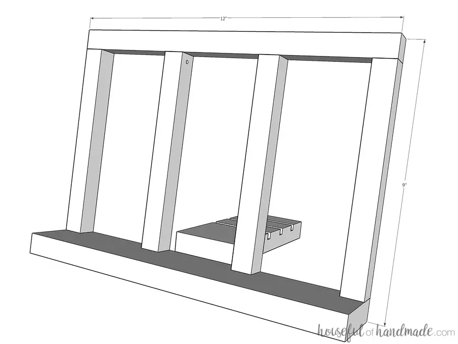 3D sketch of completed cookbook stand with dimensions. 
