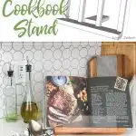 SketchUp drawing of easy to build cookbook stand and finished shot of DIY cookbook stand holding a cookbook in the kitchen.