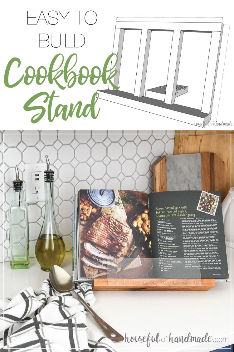 If you hate struggling to keep your cookbooks open while cooking, you need this easy to build DIY cookbook stand! It holds your cookbook pages without blocking the text, and then can fold up when you are done with it for easy storage. Also a great handmade gift idea. Housefulofhandmade.com | #cookbook #kitchen #giftidea #woodworking #diy