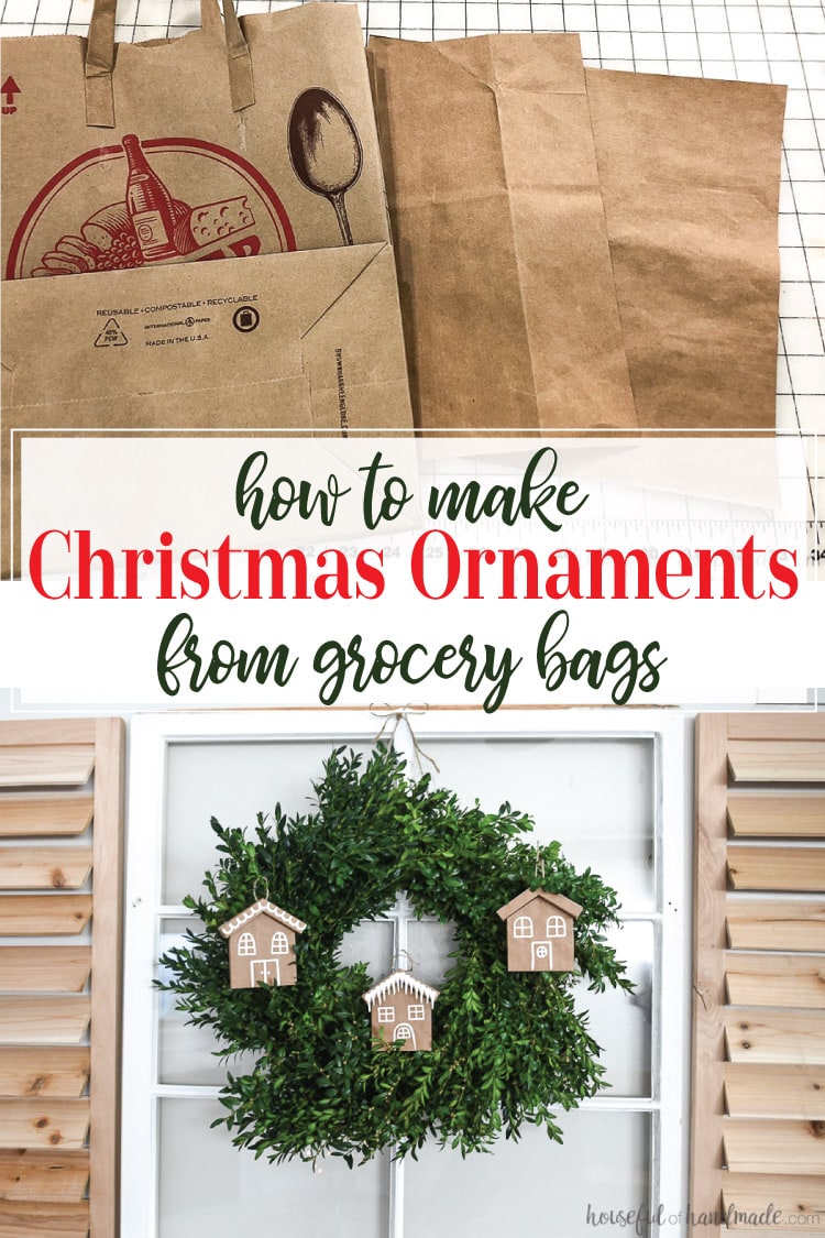 Save money on Christmas decorations by creating beautiful paper Christmas decor, including these fun paper Christmas ornaments. Upcycle a paper grocery bag into adorable gingerbread house Christmas ornaments for your farmhouse Christmas tree. Housefulofhandmade.com | #upcycle #papercraft #christmas #christmastree #ornaments #diy