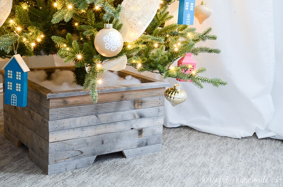 Close up view of the Christmas tree base cover made from reclaimed wood.