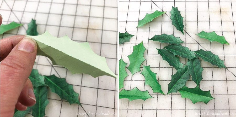 Step 1 of making paper holly wreaths. Folding the paper leaves.