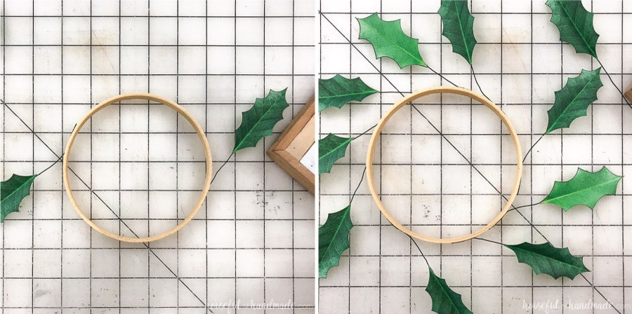 Step 3 of making paper holly wreaths: Glue the leave to the embroidery hoop. 