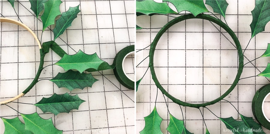 Wrap the embroidery hoop with floral wire to cover for your paper Christmas wreaths. 