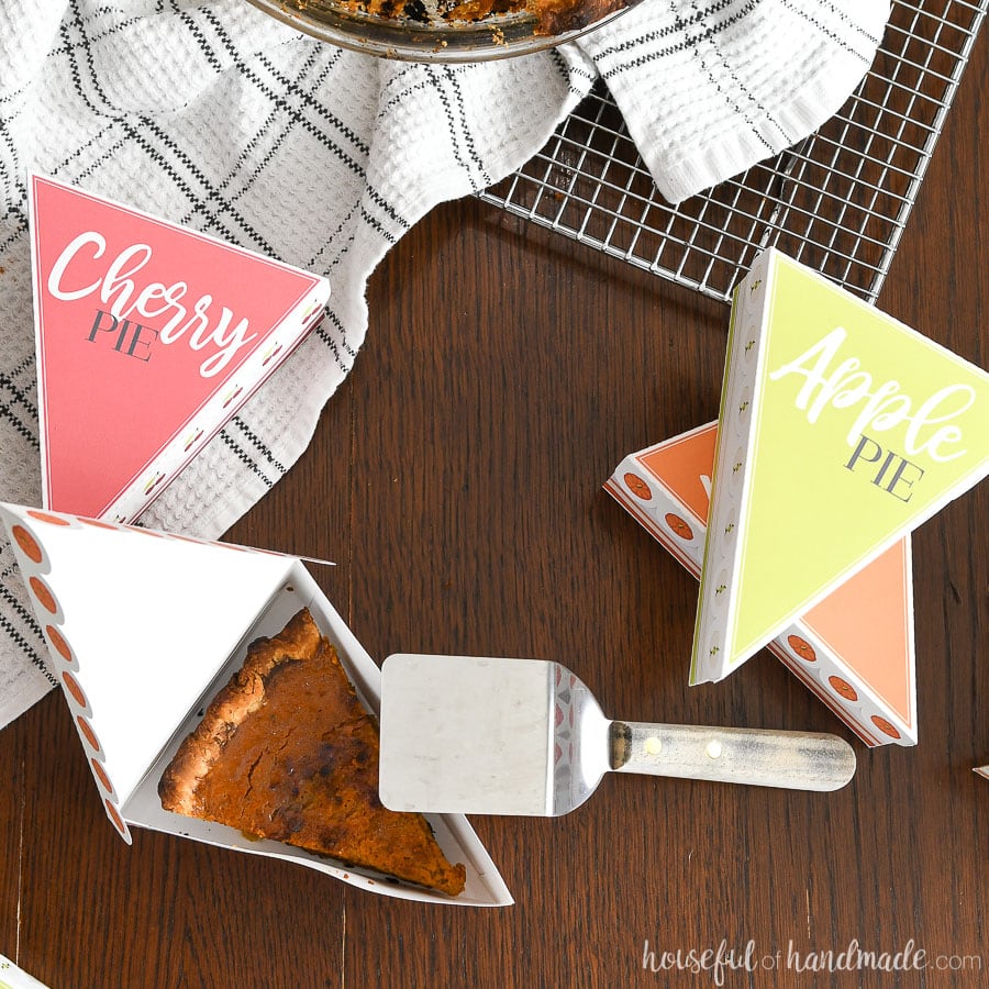 Overhead view of leftover Thanksgiving pie inside the printable leftover pie box containers.