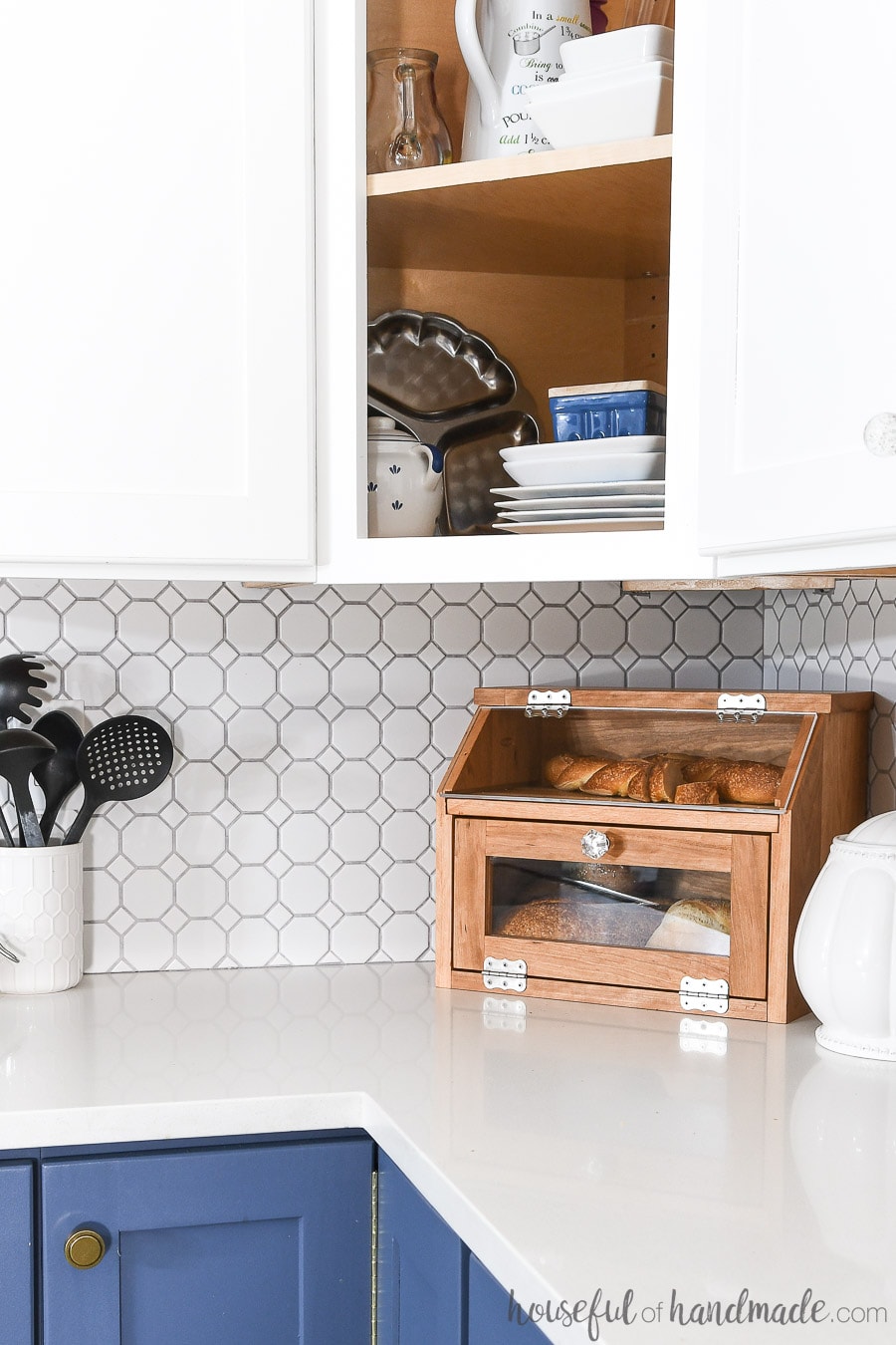 DIY bread box in the corner of a kitchen counter. 