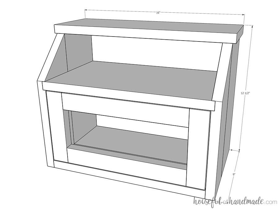 3D Sketch of the 2 story breadbox with dimensions noted. 