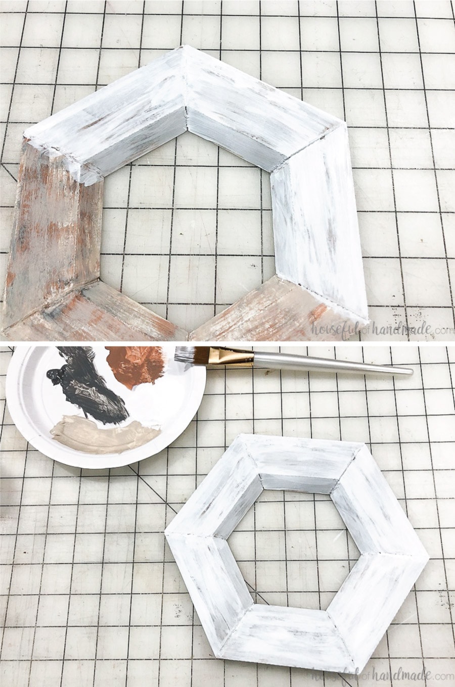 Painting the top white coat on the hexagon wall mirror.