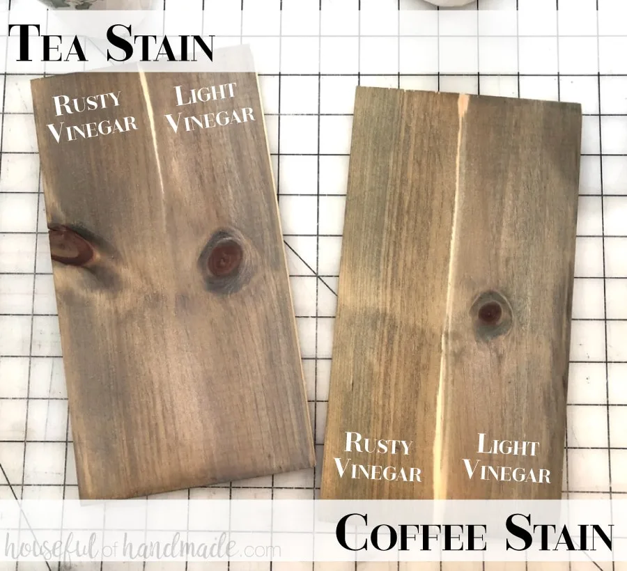 Two pieces of wood stained with different homemade natural wood recipes to show the difference in color.