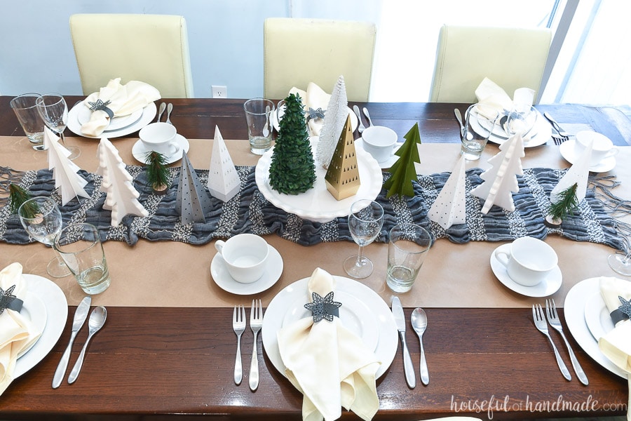 Top view of the winter tablescape made from reusing paper Christmas decor.