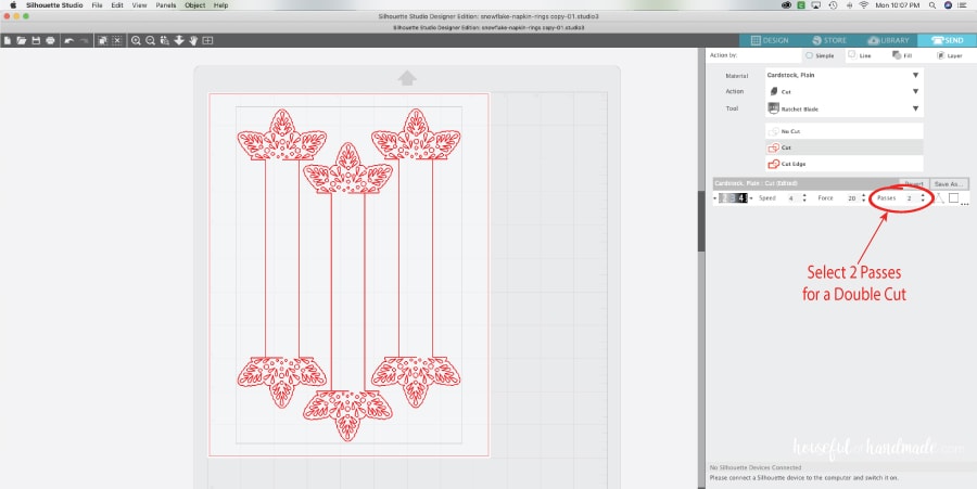 Screenshot of the cut settings for the paper napkin rings in the Silhouette Design Software. 