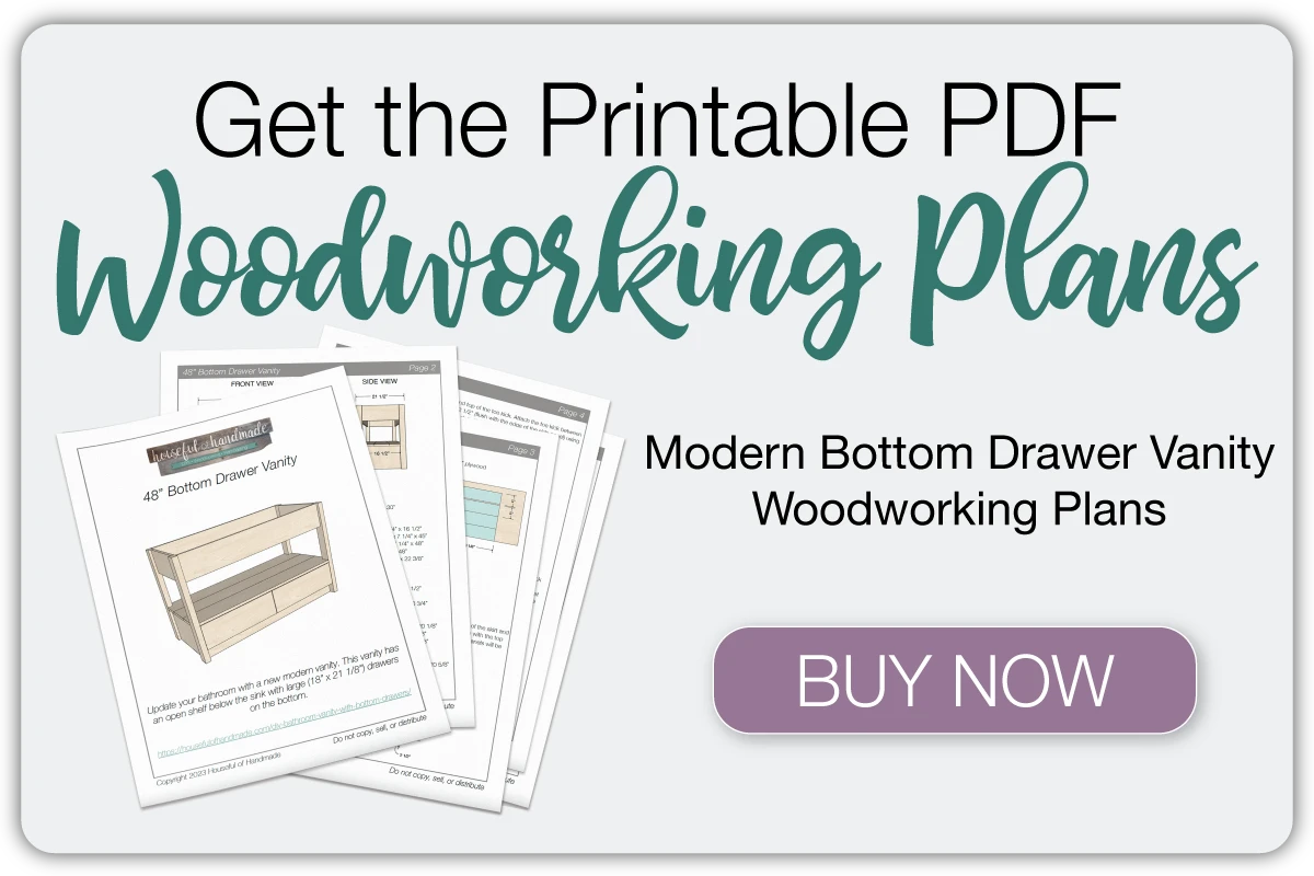 Button to buy the printable PDF woodworking plans for the bottom drawer bathroom vanity.