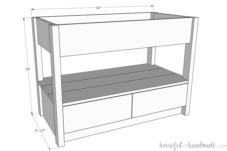 3D sketch of vanity with dimensions noted. 