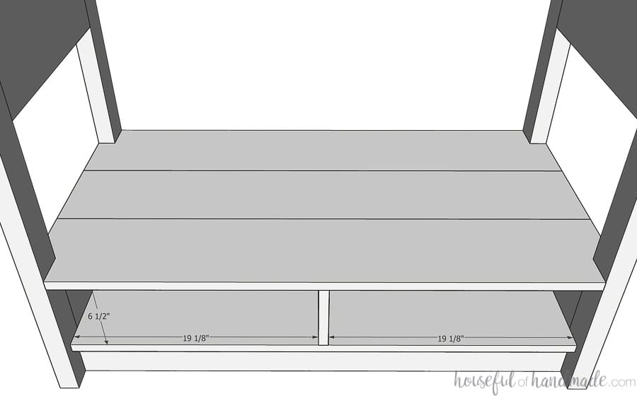 3D sketch of attaching the shelf to the sides and bottom