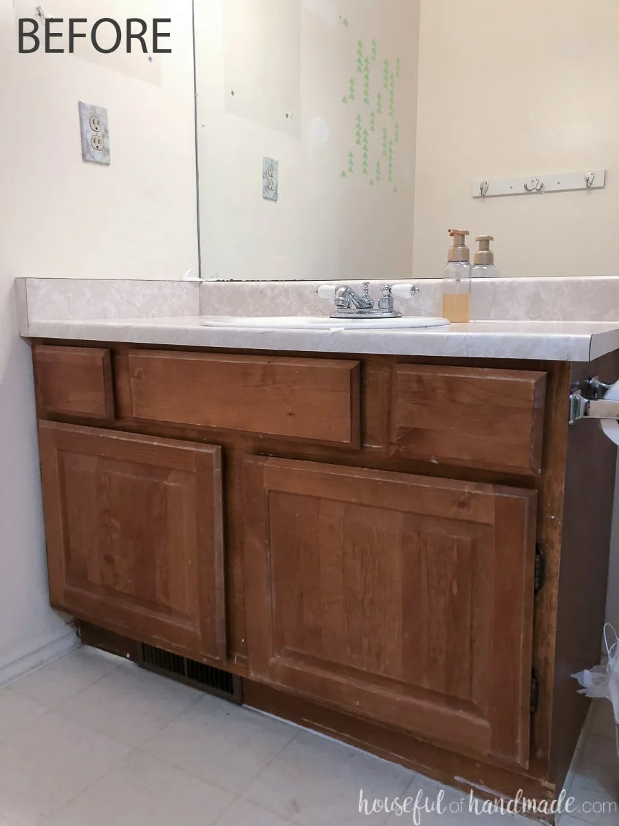 Close up of the guest bathroom vanity before the remodel.