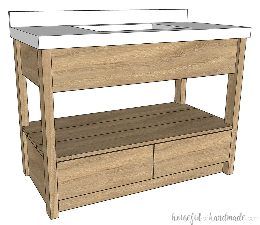 Sketchup drawing of the rustic modern bathroom vanity with drawers on the bottom and open shelves. 